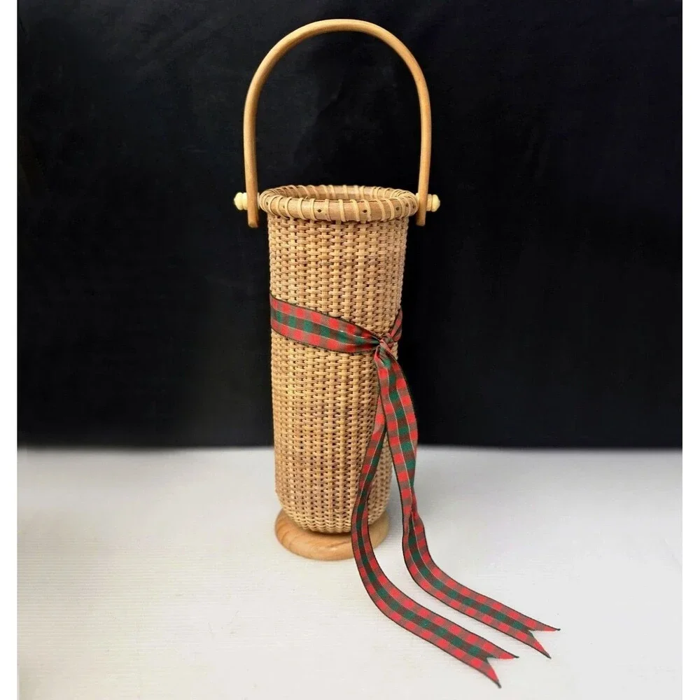 Vintage Nantucket Lightship Style Woven Wine Basket Carrier Cylinder Vase 11